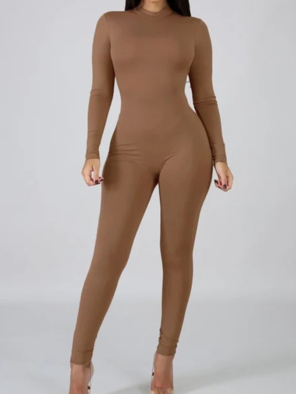 NWT Mocha Brown Long-Sleeve Stretch Mock Neck Jumpsuit size L